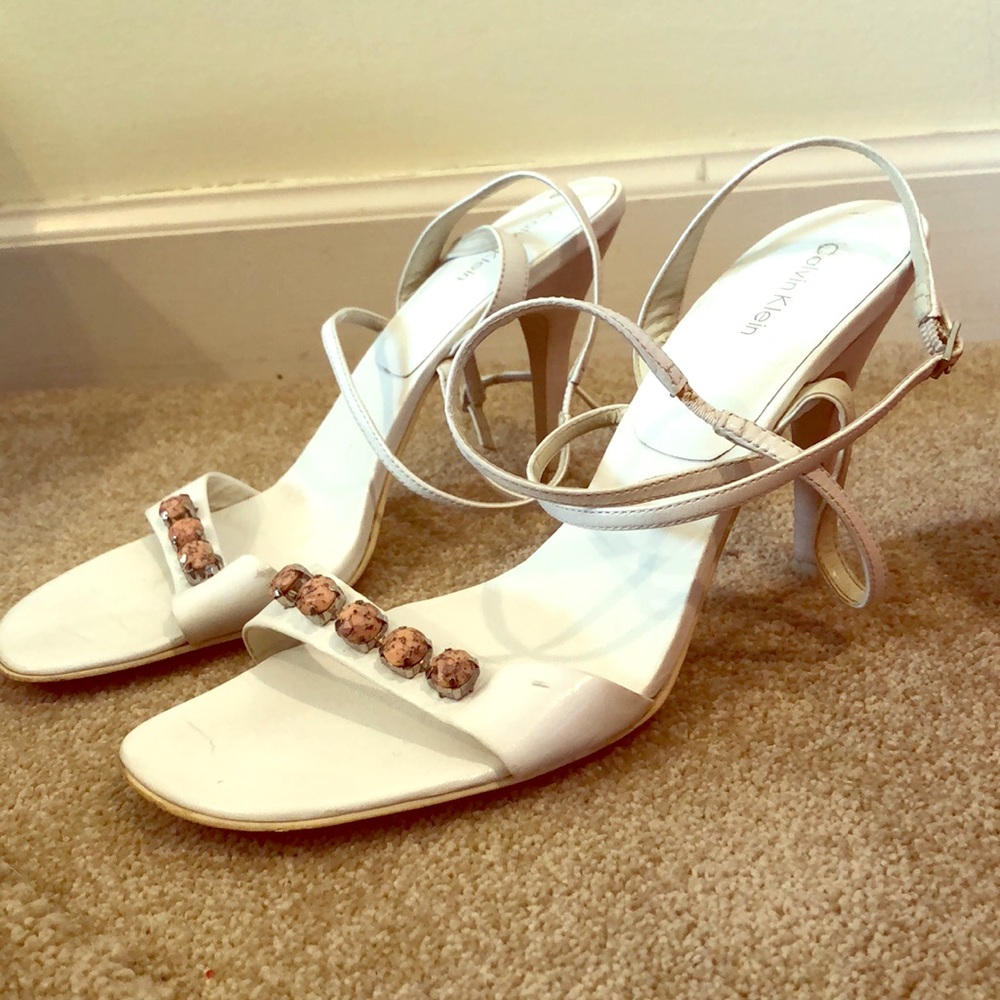 Calvin Klein white heels with coral stone detail